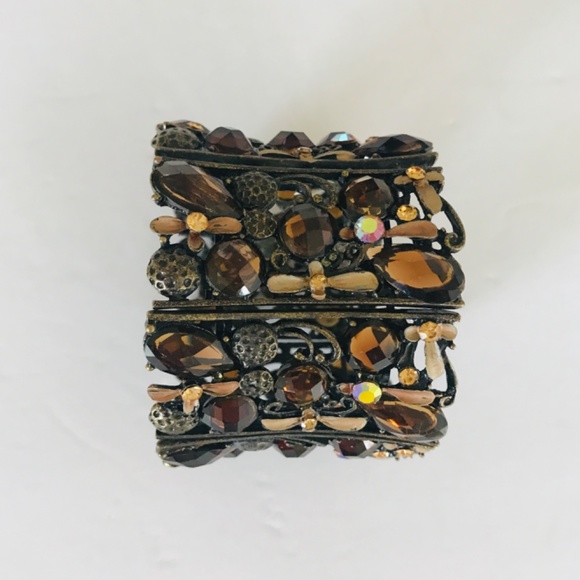 Rare Find! Handcrafted Brass 7 Panel Hinged 2” Cuff Bracelet Topaz Color Stones - Picture 6 of 10